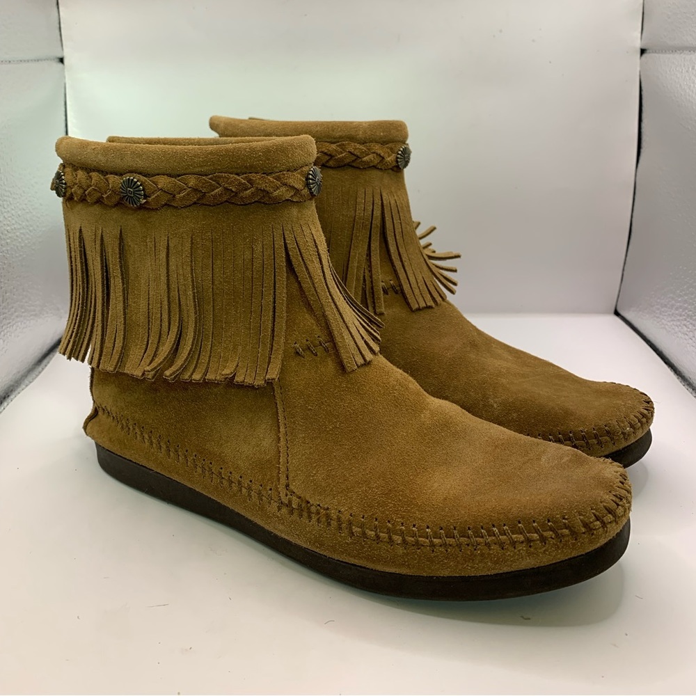 Minnetonka Tan Suede Fringe Ankle Boots